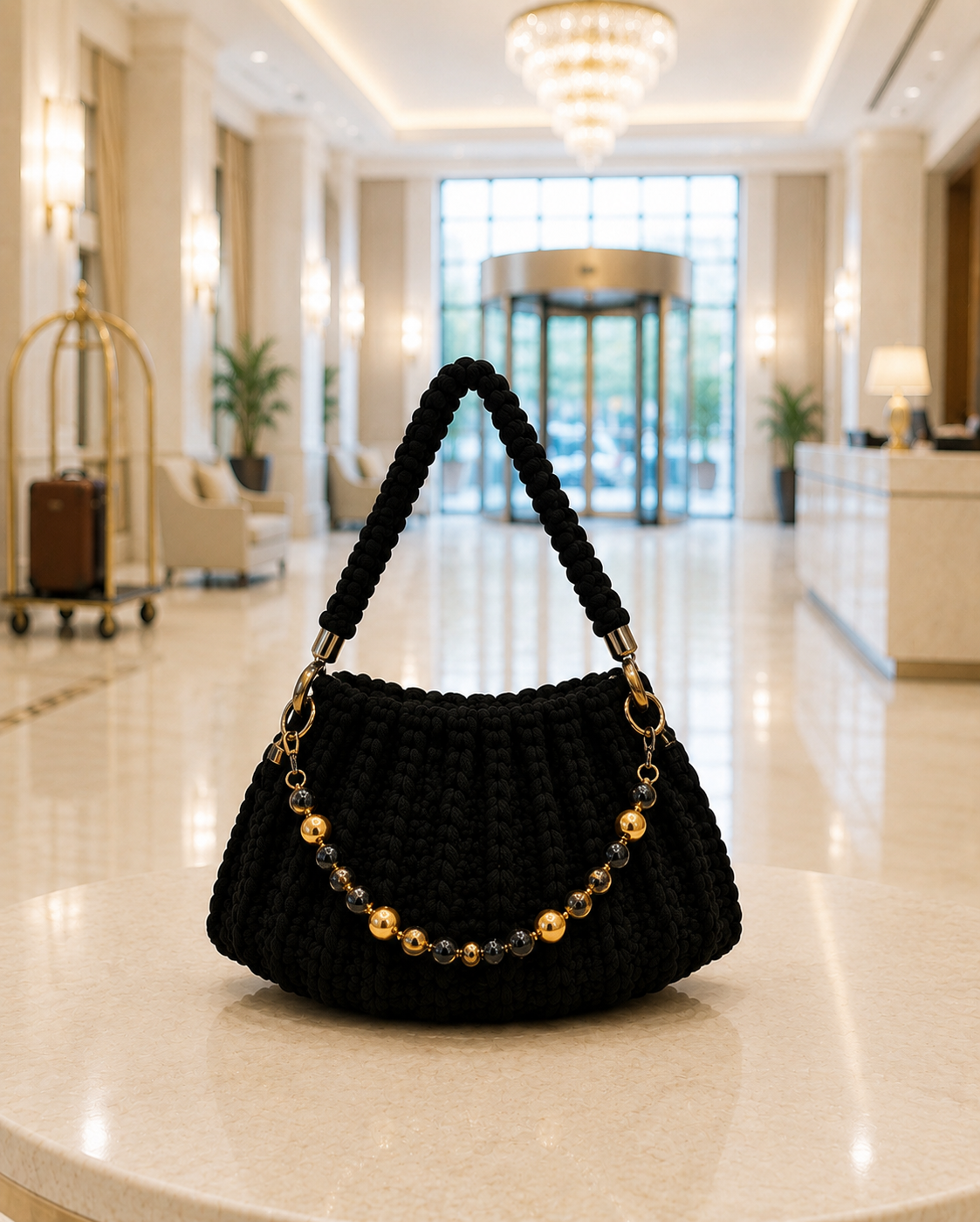 Chunky Crochet Hobo Handbag | Black Obsidian Protection Accent Handle