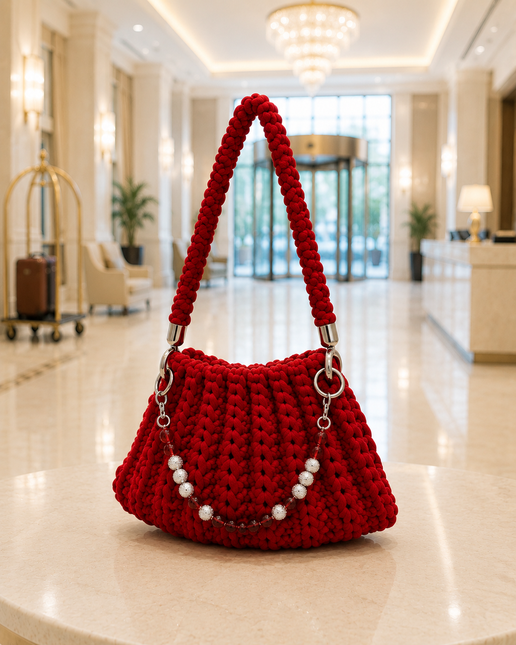 Chunky Crochet Hobo Handbag / Red Quartz Vitality Accent Handle