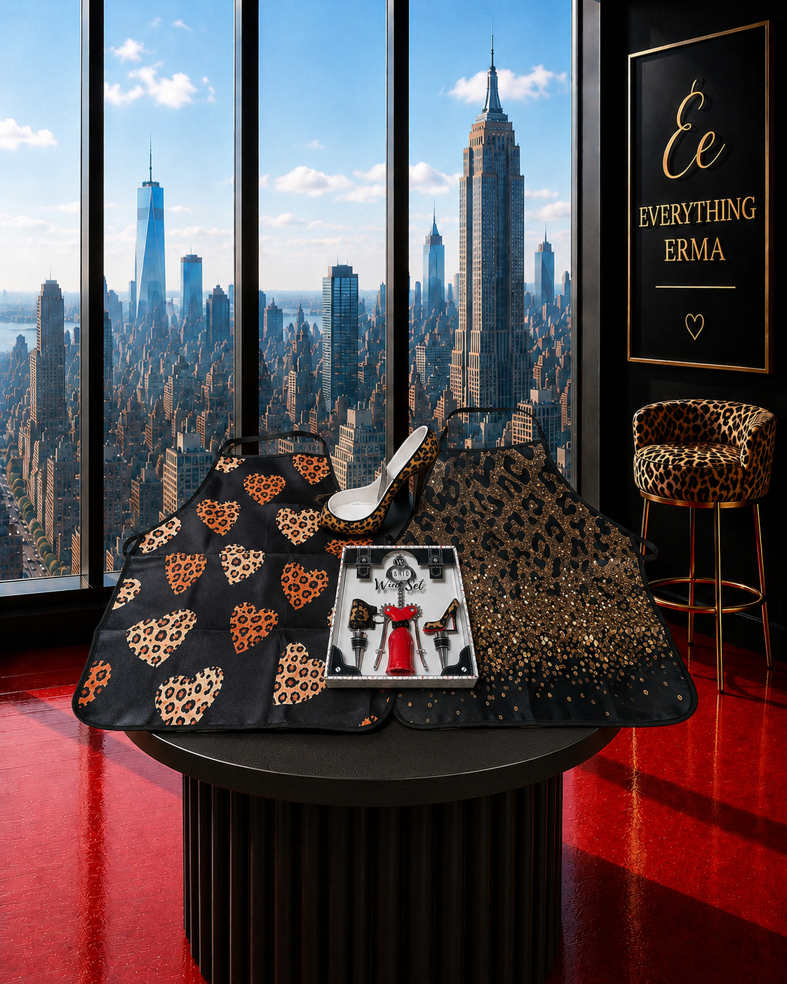 Leopard Print Apron and Fashion Wine Opener Set
