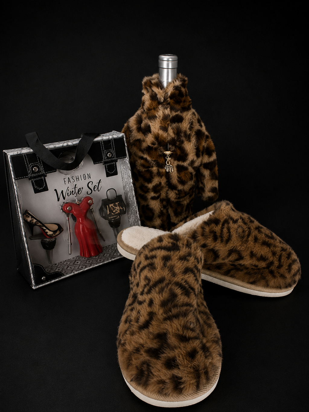 Leopard Slippers and Wine Set