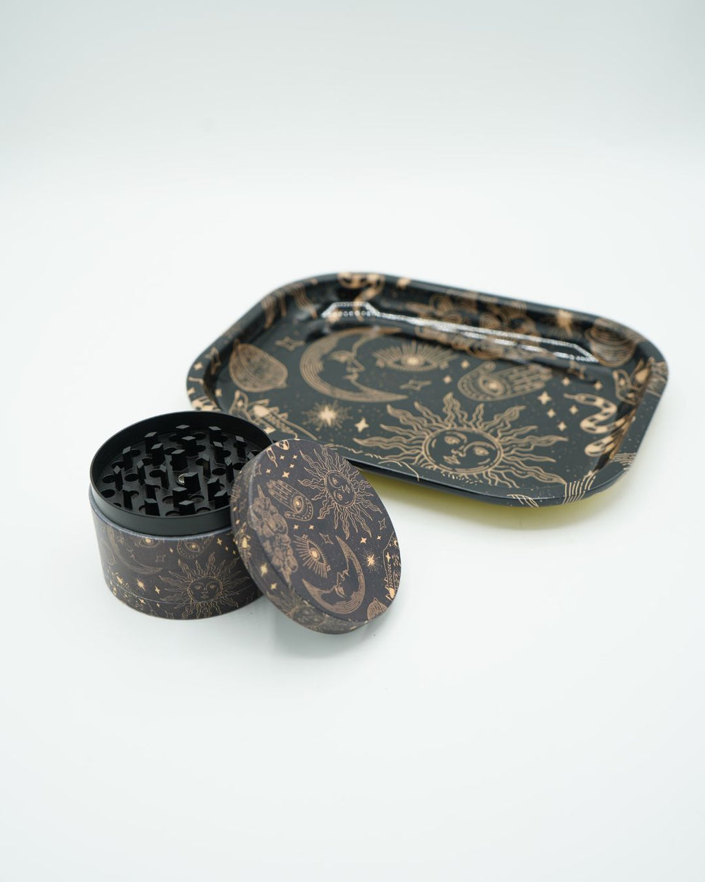 Black Magical Moon & Stars Herb Grinder Set - 4-Piece with Rolling Tray