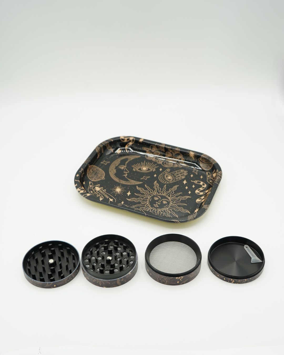 Black Magical Moon & Stars Herb Grinder Set - 4-Piece with Rolling Tray