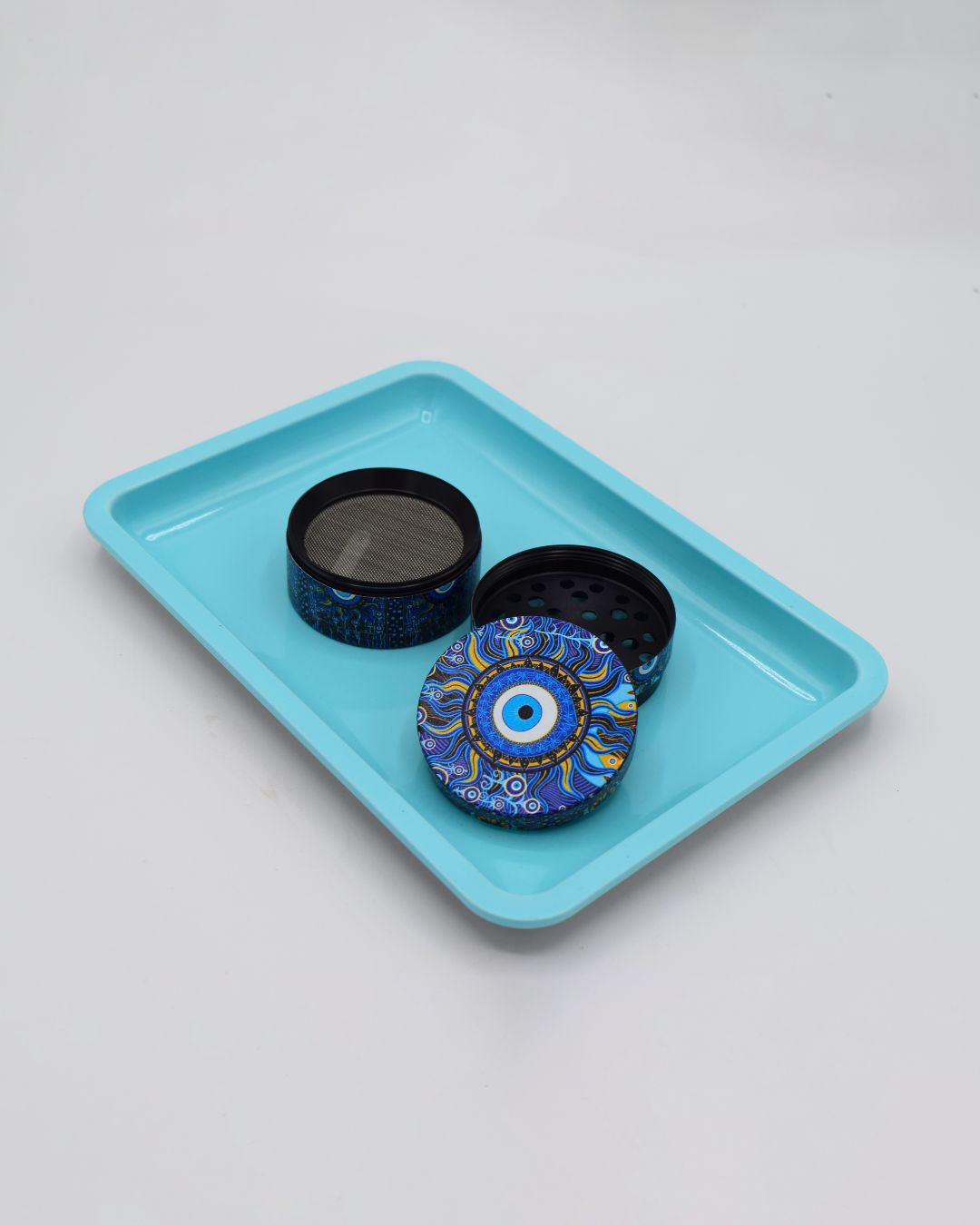 Evil Eye Grinder & Light Blue Rolling Tray Set - Protection Bundle