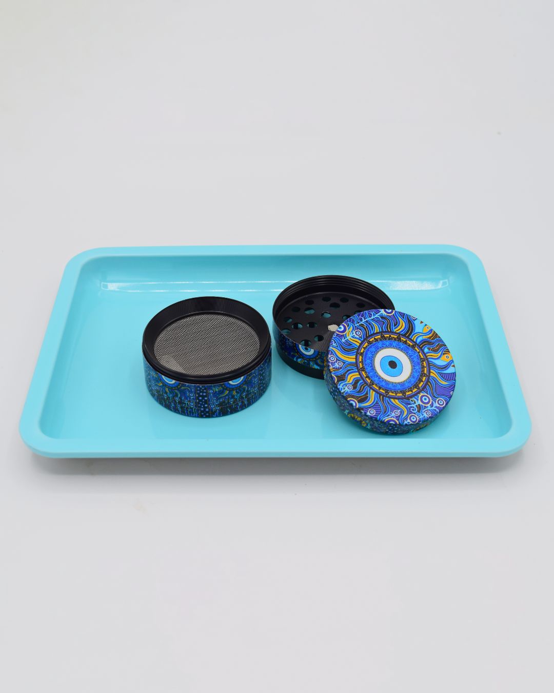 Evil Eye Grinder & Light Blue Rolling Tray Set - Protection Bundle