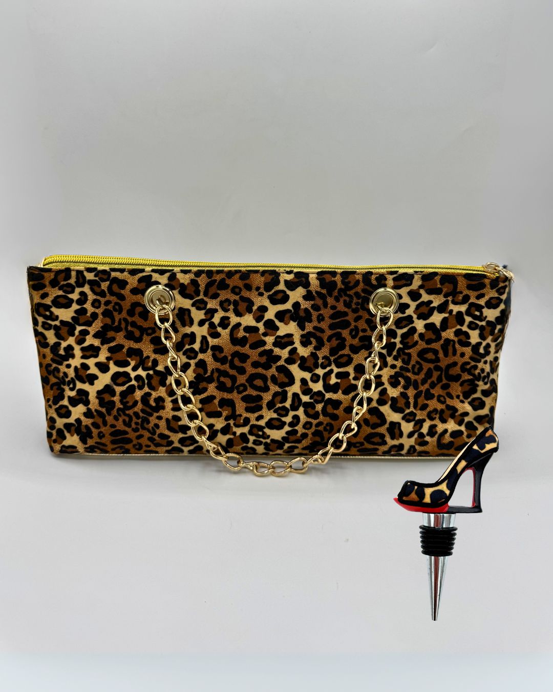 Insulated Leopard Print Wine Bag and Heel Wine Stopper Set
