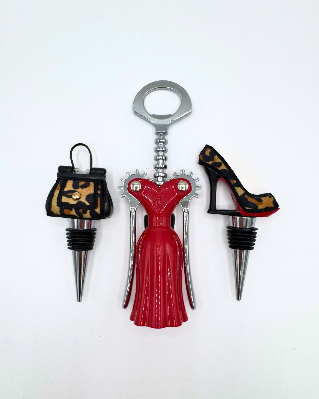 Leopard Print Wine Fashion Set - Dress Bottle Opener, Purse & Shoe Wine Stoppers