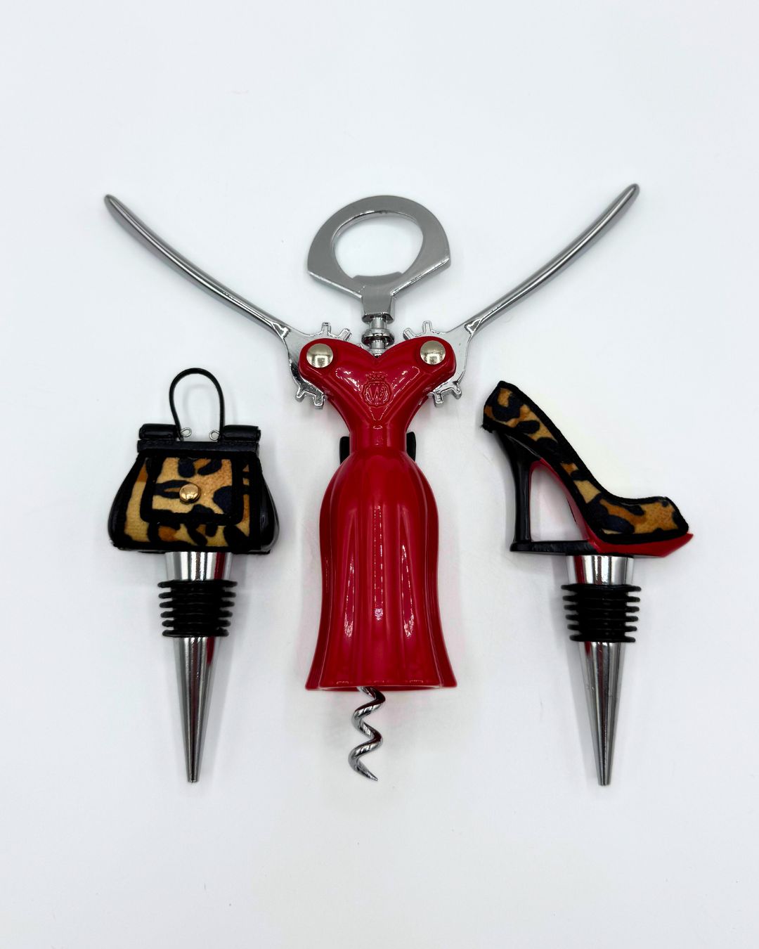 Leopard Print Wine Fashion Set - Dress Bottle Opener, Purse & Shoe Wine Stoppers