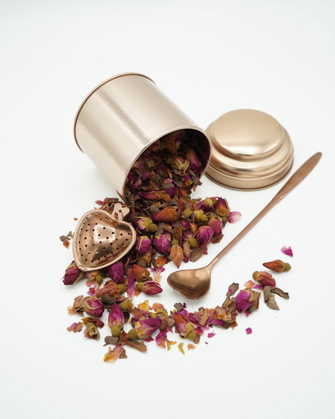 Rose & Cacao Tea Gift Set - Rose Gold Canister, Heart Infuser & Spoon