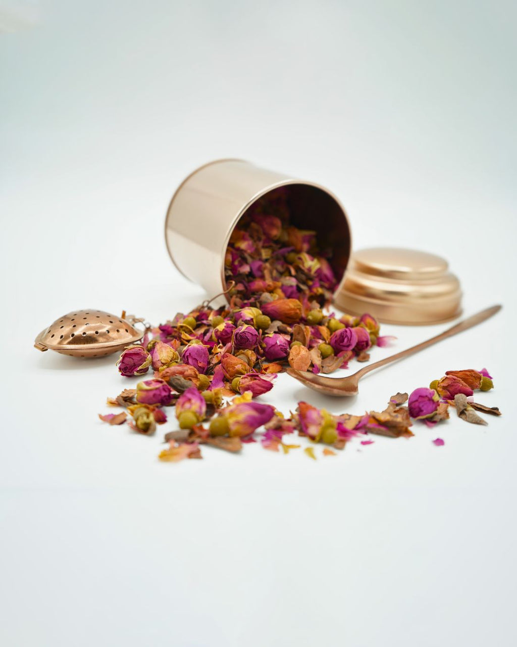 Rose & Cacao Tea Gift Set - Rose Gold Canister, Heart Infuser & Spoon