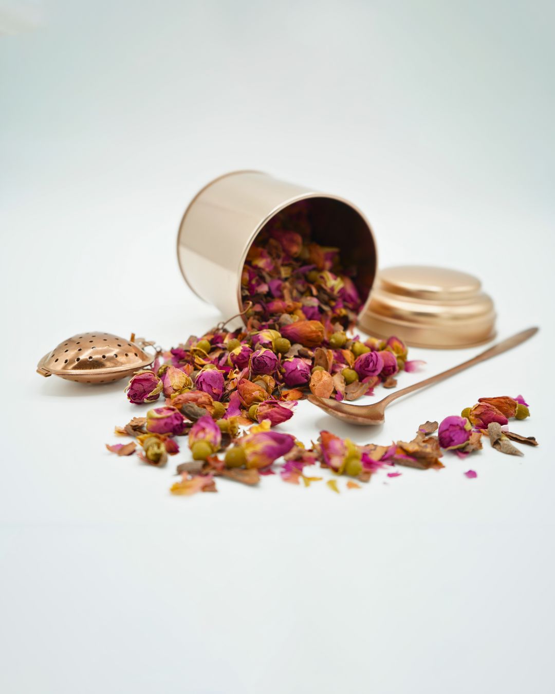 Rose & Cacao Tea Gift Set - Rose Gold Canister, Heart Infuser & Spoon