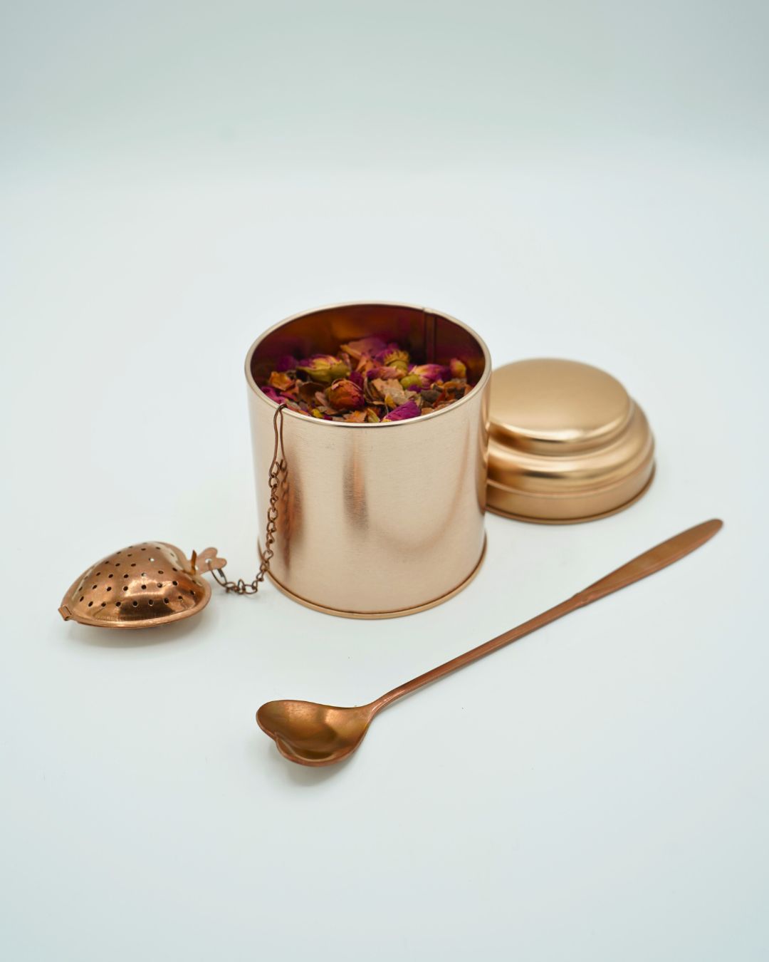 Rose & Cacao Tea Gift Set - Rose Gold Canister, Heart Infuser & Spoon