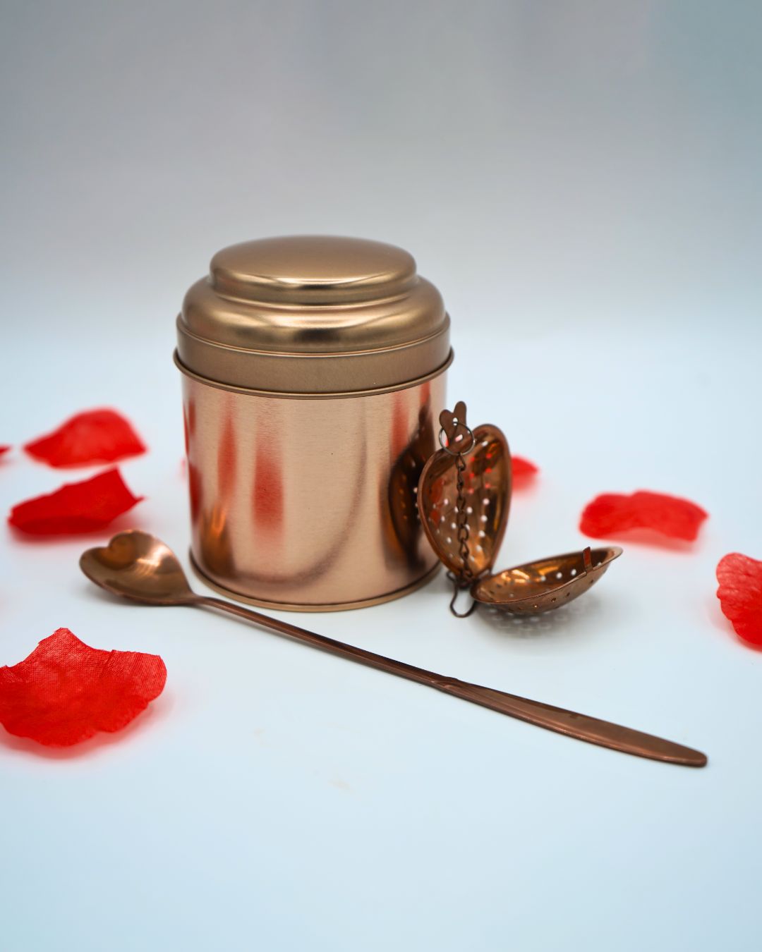 Rose & Cacao Tea Gift Set - Rose Gold Canister, Heart Infuser & Spoon